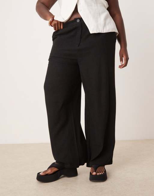 ASOS DESIGN Curve relaxed straight leg trousers with linen in black 