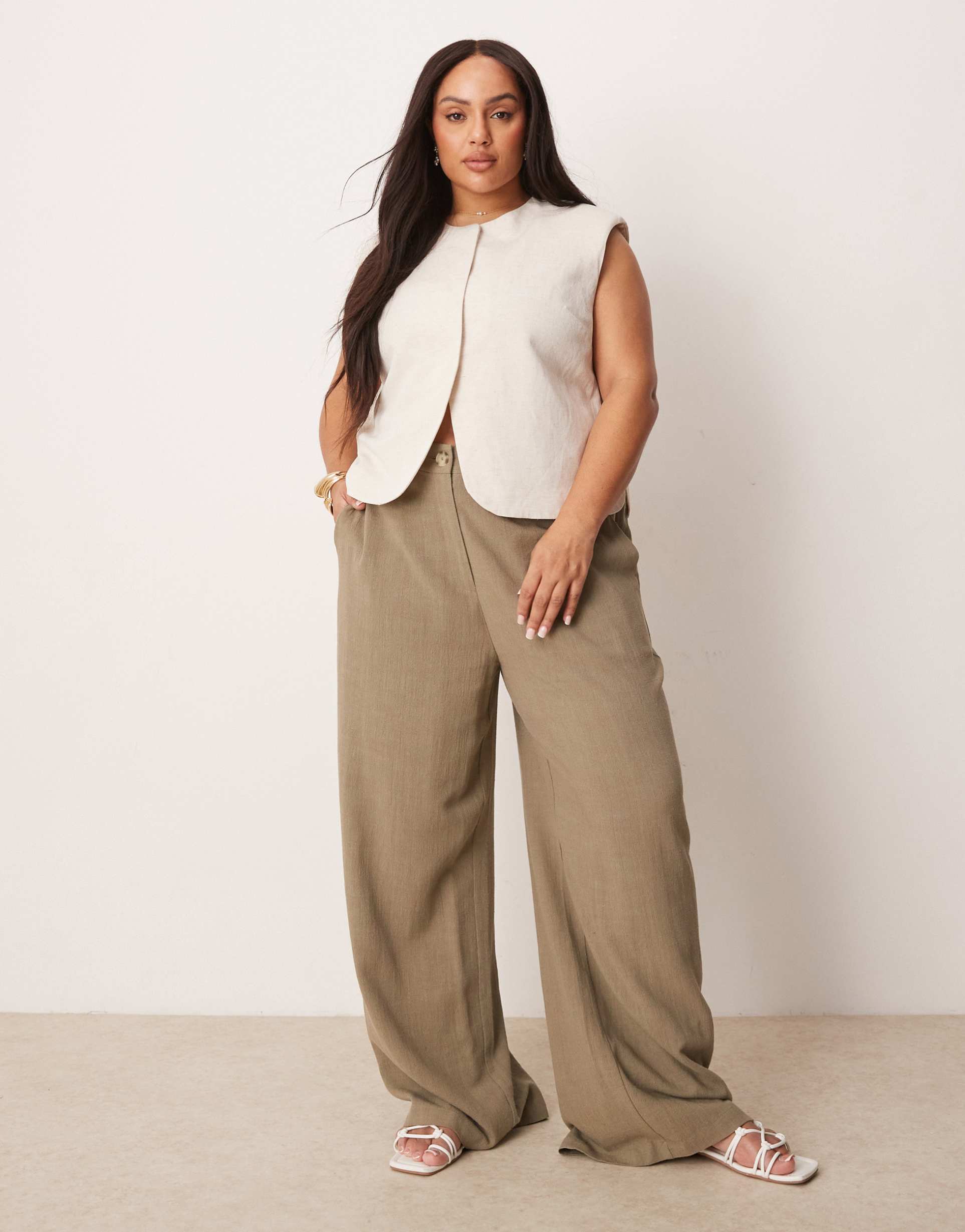 asos design curve relaxed straight leg linen mix pants in khaki