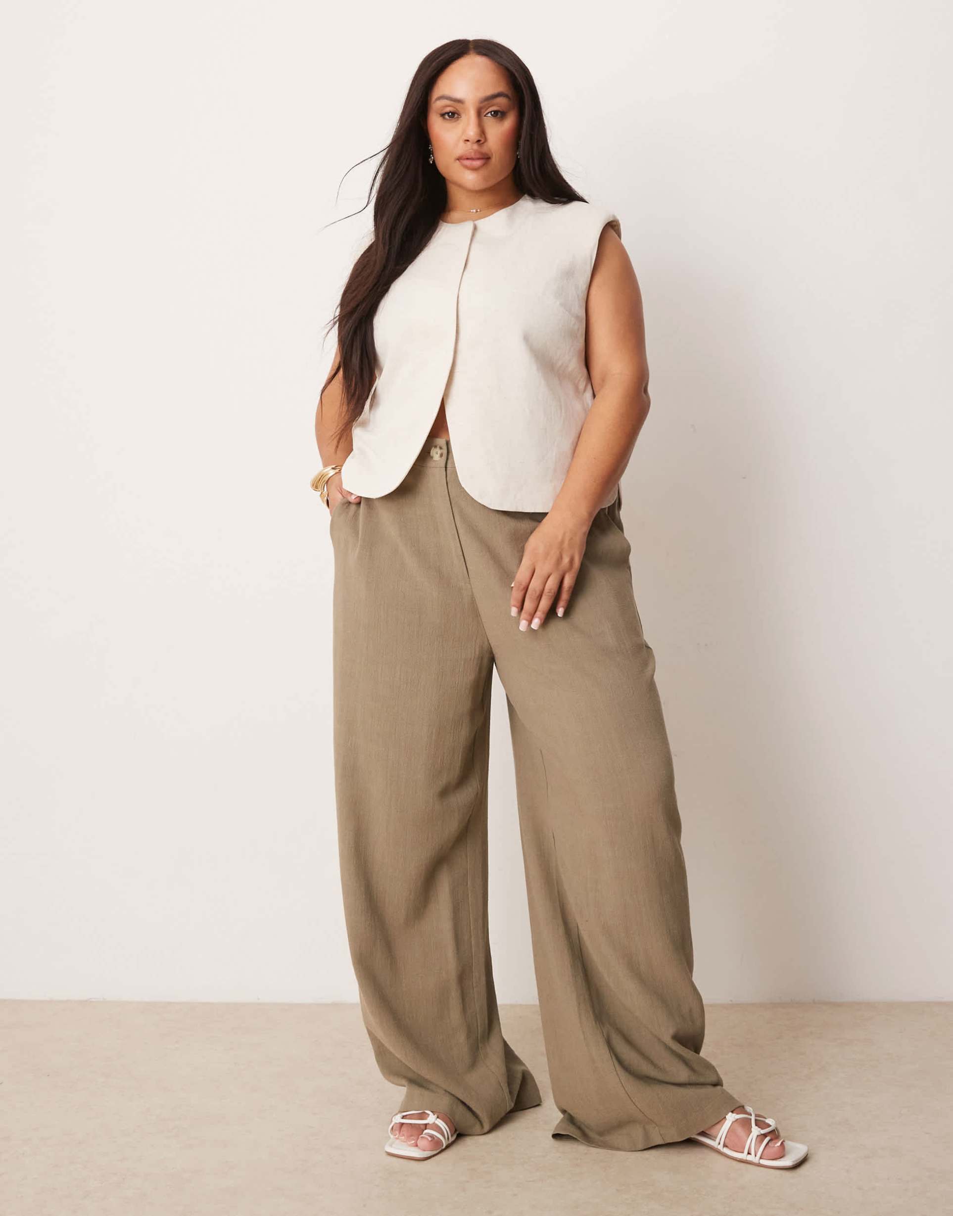 asos design curve relaxed straight leg linen mix pants in khaki