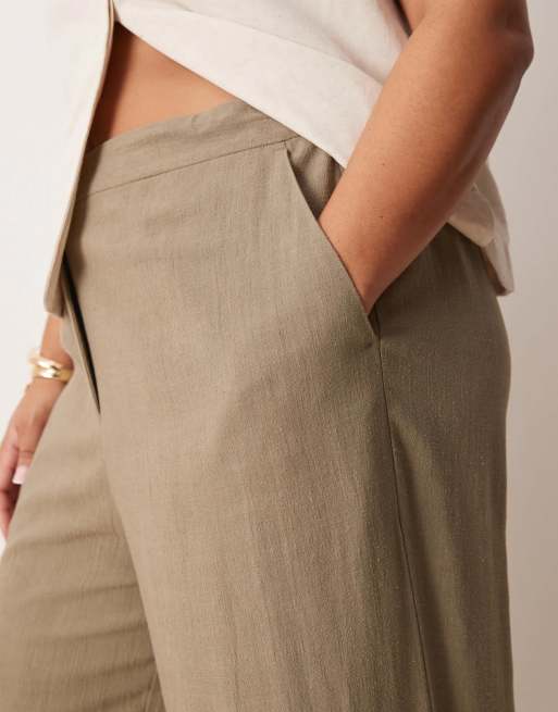ASOS DESIGN Curve relaxed straight leg trousers with linen in khaki