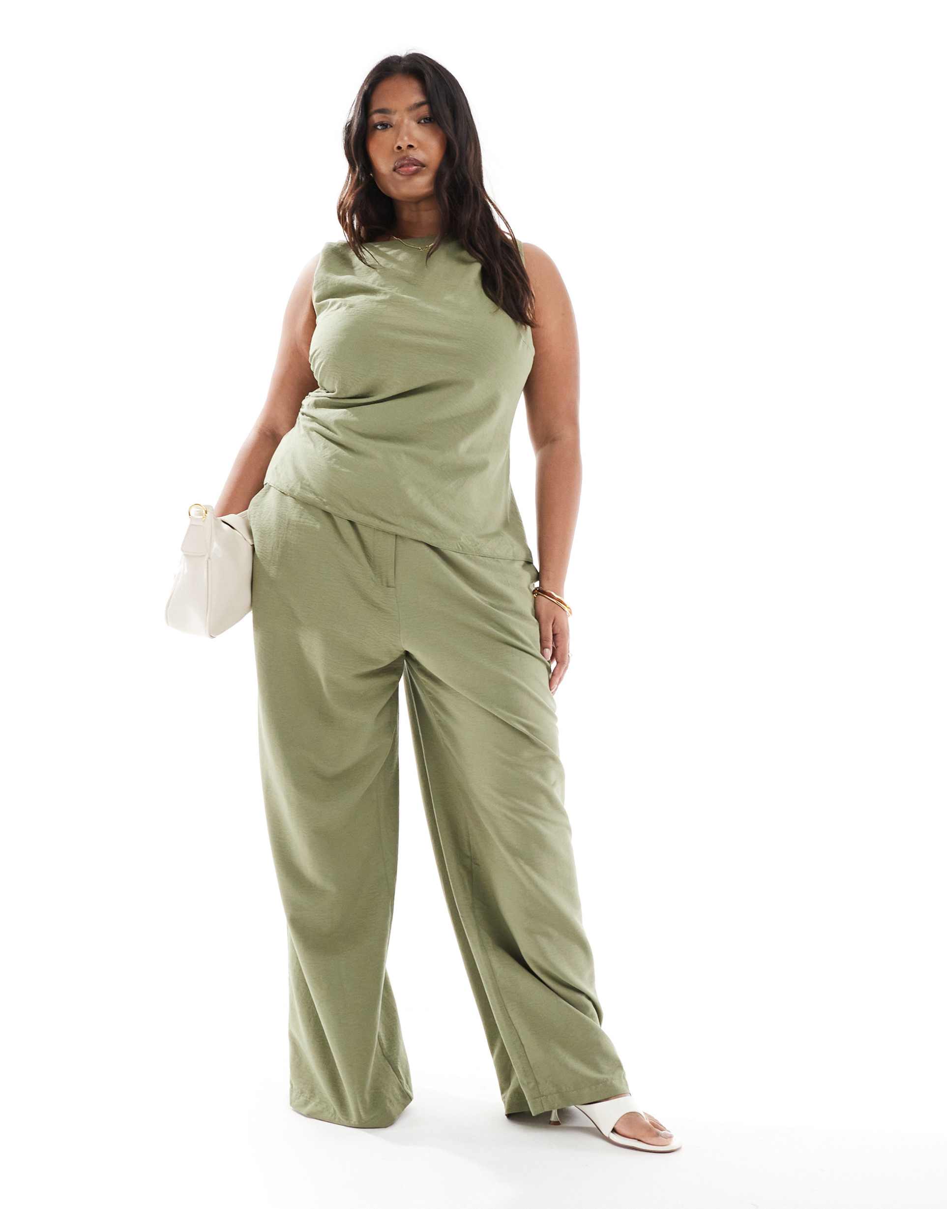 asos design curve relaxed straight leg pants in khaki