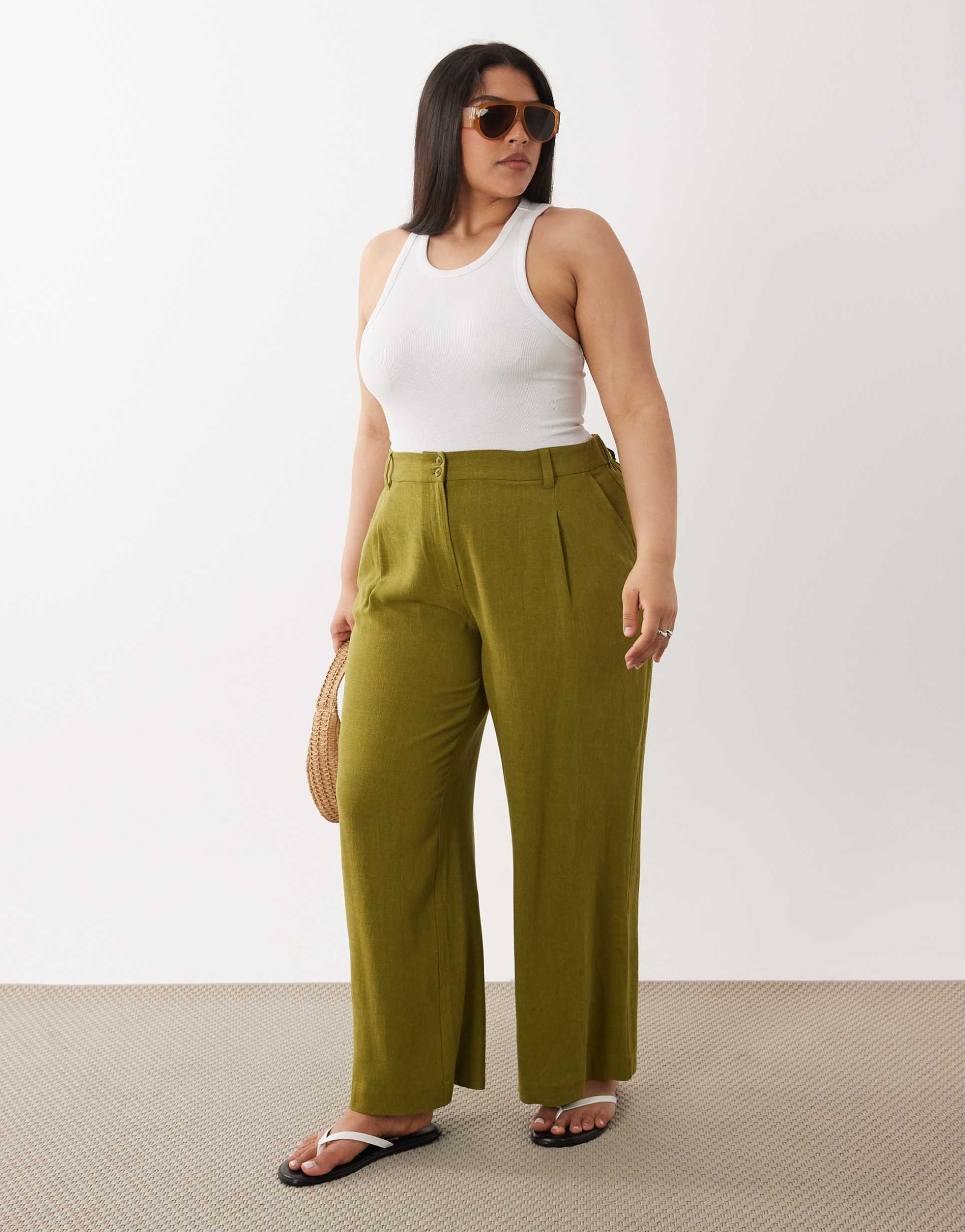 asos design curve relaxed straight leg pants with linen in green