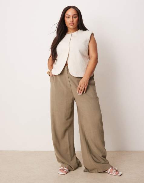 ASOS DESIGN Curve relaxed straight leg pants with linen in khaki - view 1