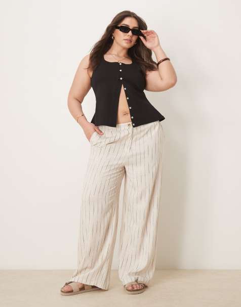 ASOS DESIGN Curve relaxed straight leg pants with linen in natural squiggle stripe - view 1