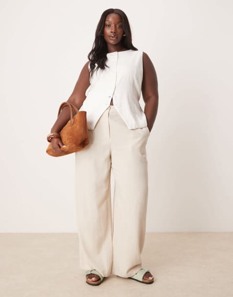 ASOS DESIGN Curve relaxed straight leg pants with linen in stone - view 1