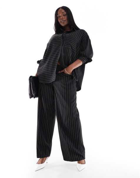 ASOS DESIGN Curve relaxed straight leg trousers with 5 pocket detail co-ord in black stripe - view 1