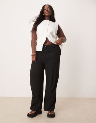 ASOS DESIGN Curve relaxed straight leg trousers with linen in black