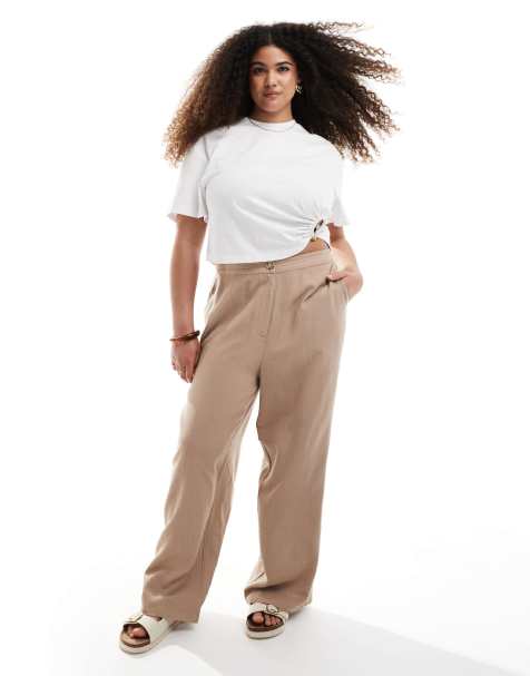 ASOS DESIGN Curve relaxed straight leg trousers with linen in mocha - view 1