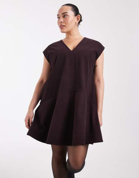 ASOS DESIGN Curve relaxed v neck mini dress with dropped waist in cord in chocolate - view 1