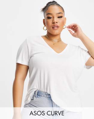 ASOS CURVE ASOS DESIGN CURVE RELAXED V NECK T-SHIRT IN WHITE,EV-AP29003