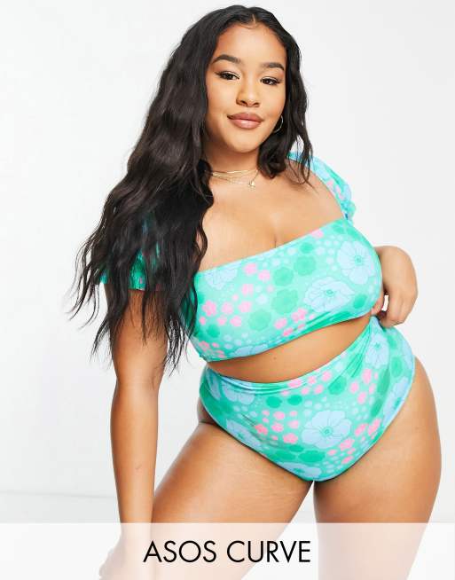 ASOS DESIGN Curve – Retroblommig bikiniunderdel med hög midja