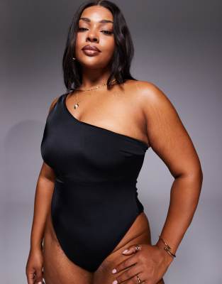ASOS DESIGN Curve - Revenge Athens - Formender Badeanzug in Schwarz mit One-Shoulder-Träger