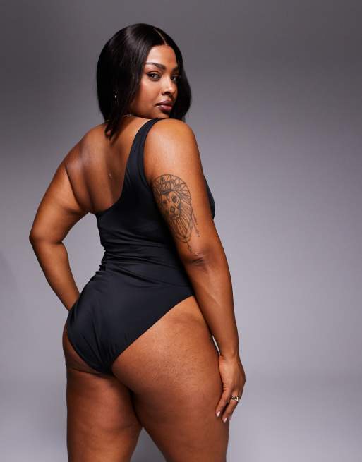 ASOS DESIGN Curve Revenge Athens sculpting one shoulder swimsuit in black, 4 of 4