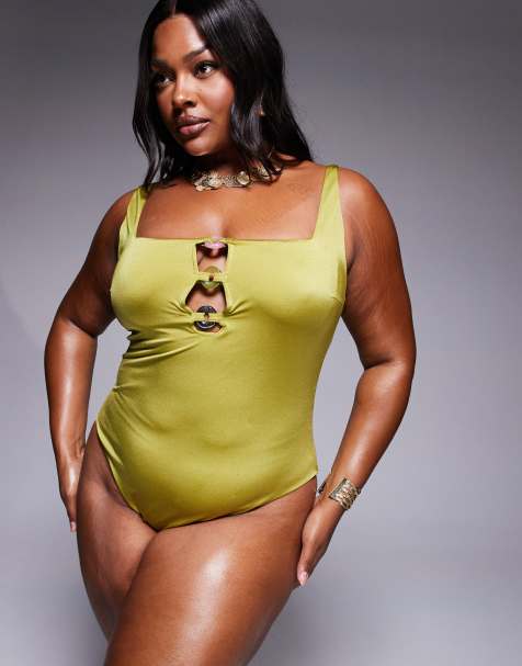 ASOS DESIGN Curve - Revenge - Costume da bagno color lime con tre anelli - view 1