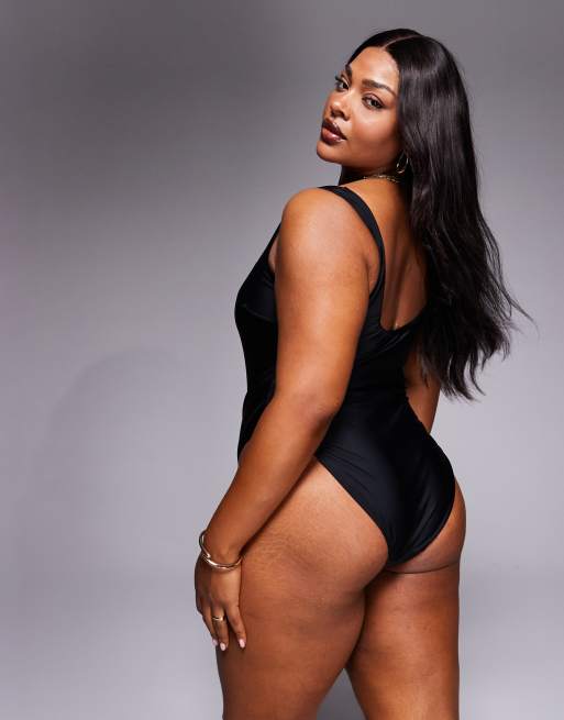 ASOS DESIGN Curve - Revenge - Costume da bagno modellante nero con scollo squadrato, 4 di 4