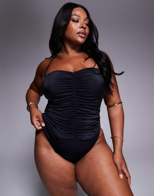 ASOS DESIGN Curve – Revenge – Marszczony czarny strój kąpielowy z dekoltem typu halter