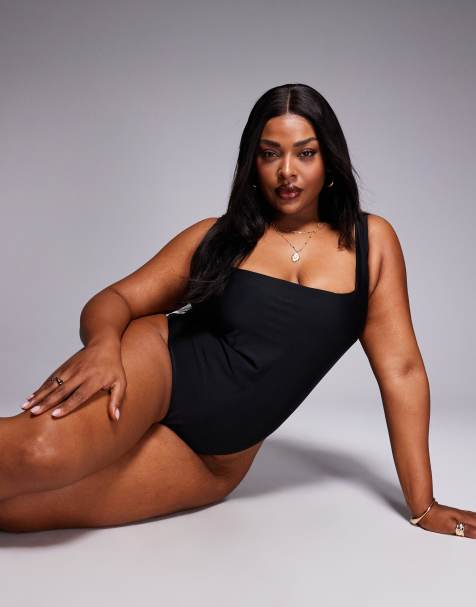 ASOS DESIGN Curve Revenge sculpting square neck swimsuit in black - view 1