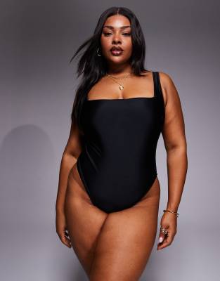 Asos Curve Asos Design Curve Revenge Sculpting Square Neck Swimsuit In Black