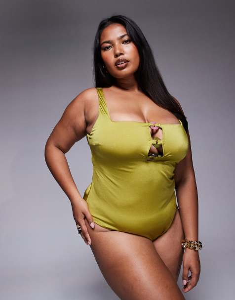 ASOS DESIGN Curve revenge triple ring swimsuit in lime - view 1