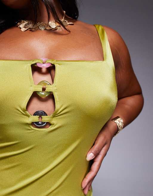 ASOS DESIGN Curve revenge triple ring swimsuit in lime, 2 of 4