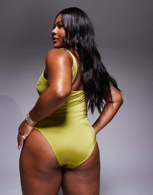 ASOS DESIGN Curve revenge triple ring swimsuit in lime, 3 of 4