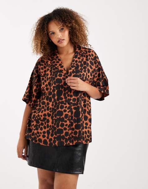 ASOS DESIGN Curve revere collar linen co-ord shirt & short in animal print - view 1