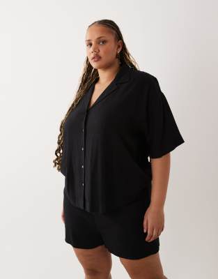 Asos Curve Asos Design Curve Revere Collar Linen Shirt In Black