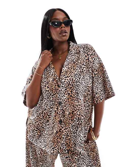 ASOS DESIGN Curve revere shirt in animal print - part of a set