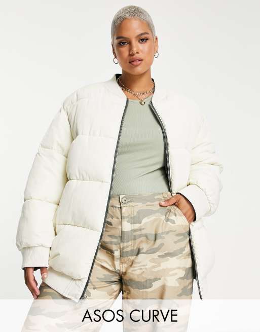 ASOS DESIGN Curve reversible quilted bomber jacket in khaki and cream ...