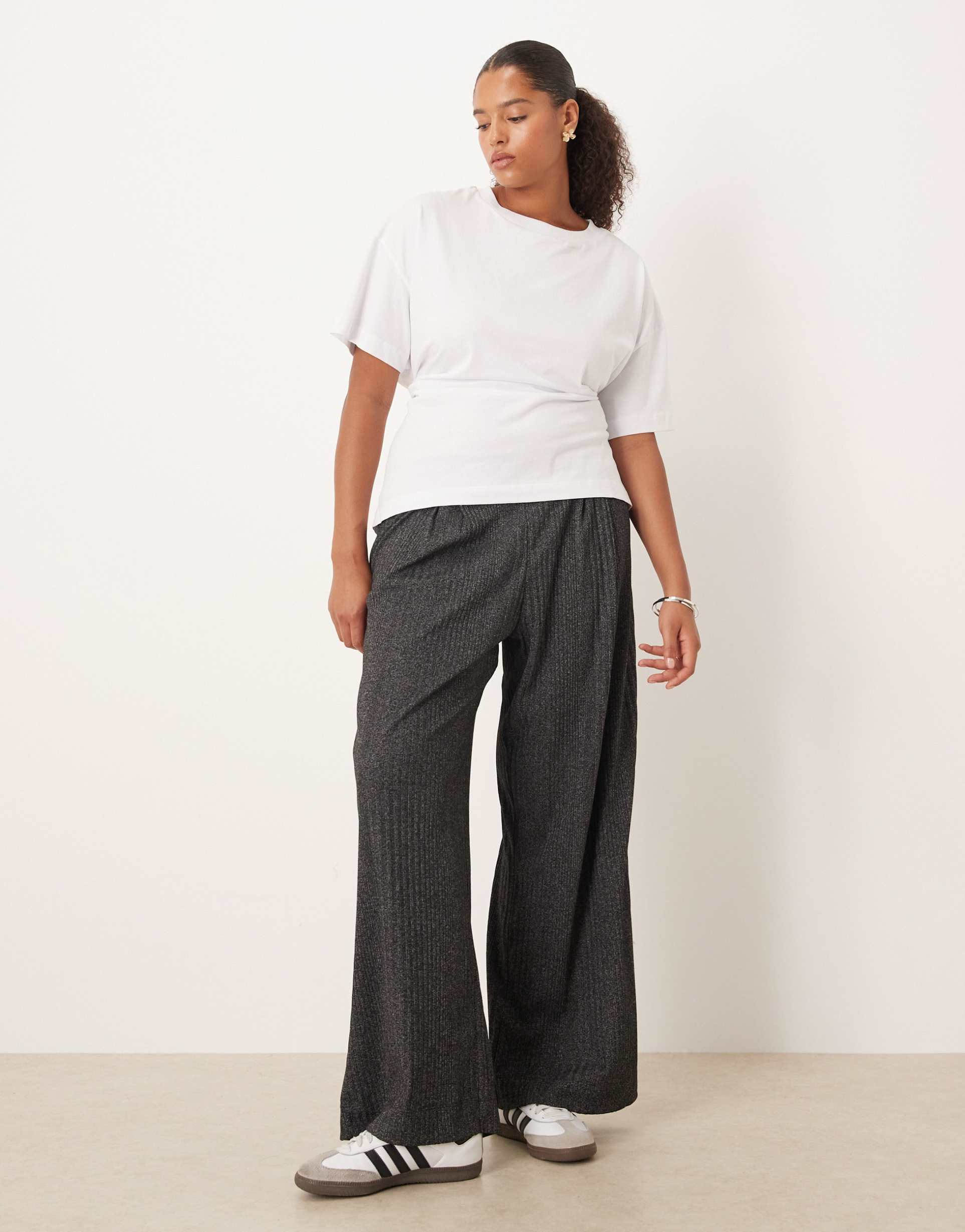 asos design curve rib detail wide leg pants in charcoal heather