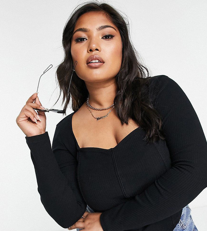 ASOS DESIGN Curve rib fitted corset top with ultra wide neck in black
