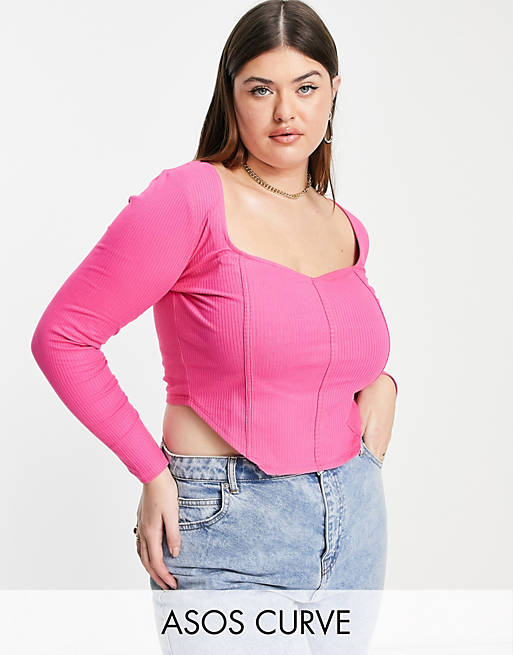 Women Curve rib fitted corset top with ultra wide neck in bright pink 