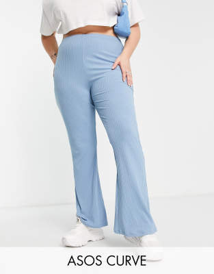 Asos Design Curve Rib Flare Trouser In Blue