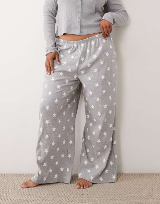 ASOS DESIGN Curve rib long sleeve pyjama set with stars in gray, 2 of 4