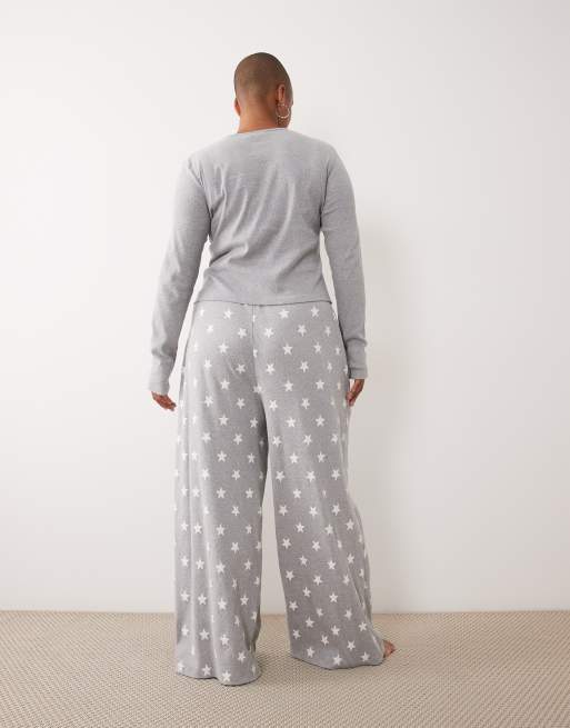 ASOS DESIGN Curve rib long sleeve pyjama set with stars in grey, 4 of 4