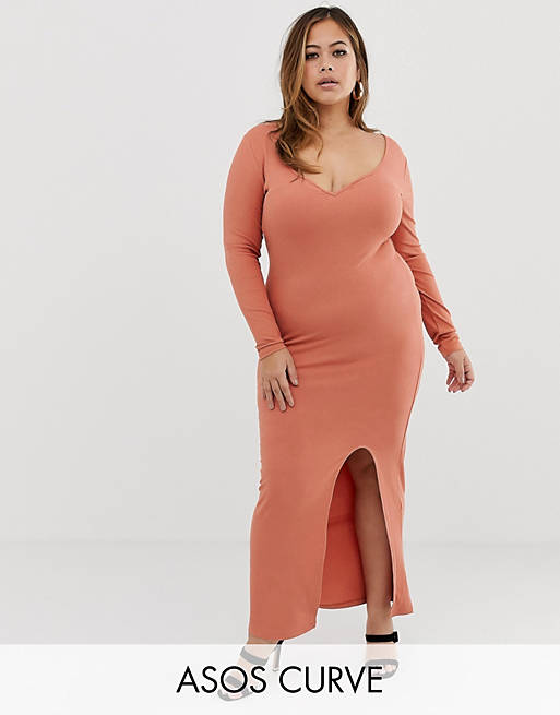 ASOS DESIGN Curve rib maxi dress with sweetheart neck and split