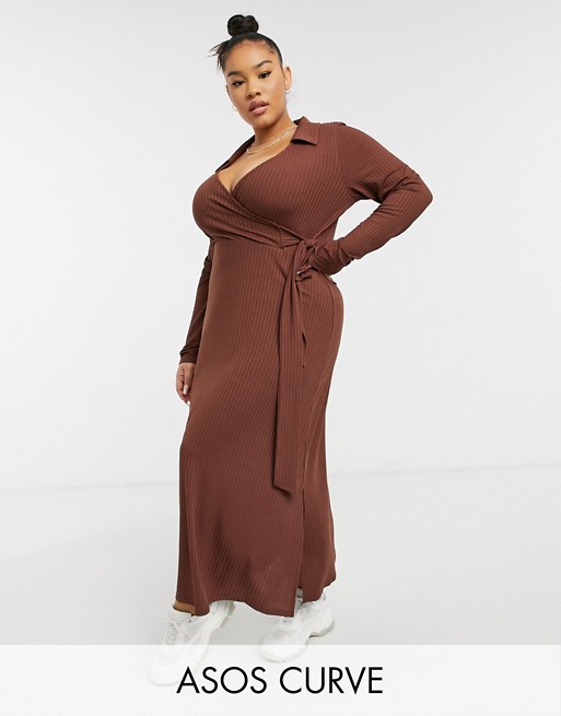 ASOS DESIGN Curve rib midi wrap dress with long sleeves in chocolate brown