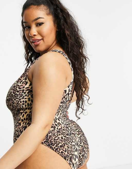 ASOS DESIGN curve rib plunge swimsuit in leopard print, 2 of 4