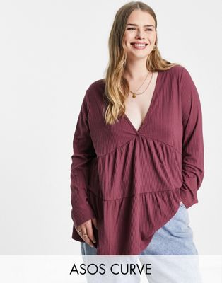 ASOS DESIGN Curve rib smock top with long sleeve in aubergine