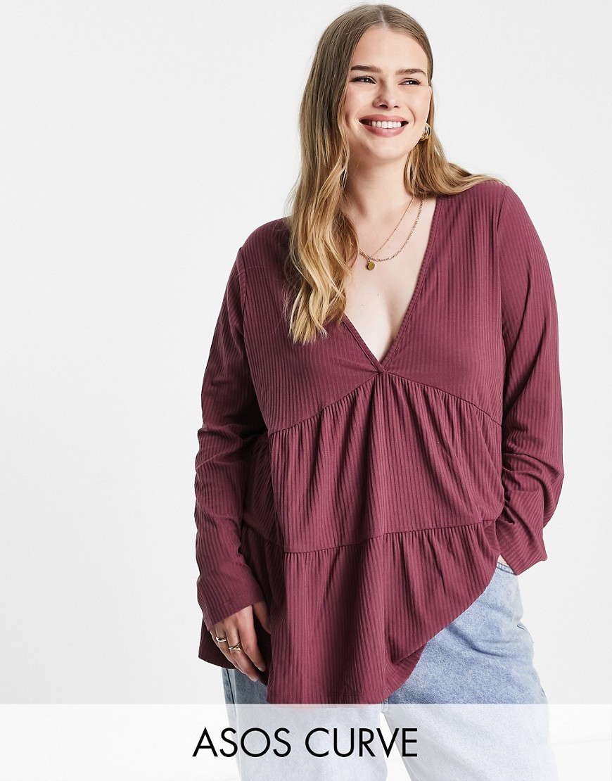 Asos Design Curve Rib Smock Top With Long Sleeve In Aubergine-Purple