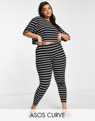 ASOS DESIGN Curve rib stripe tee & legging pyjama set in black & white