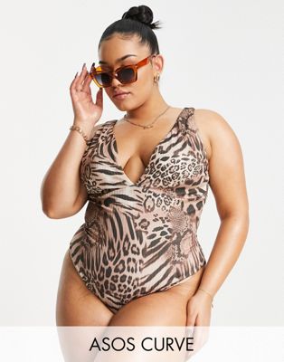 ASOS DESIGN Curve rib swimsuit in leopard animal print-Multi