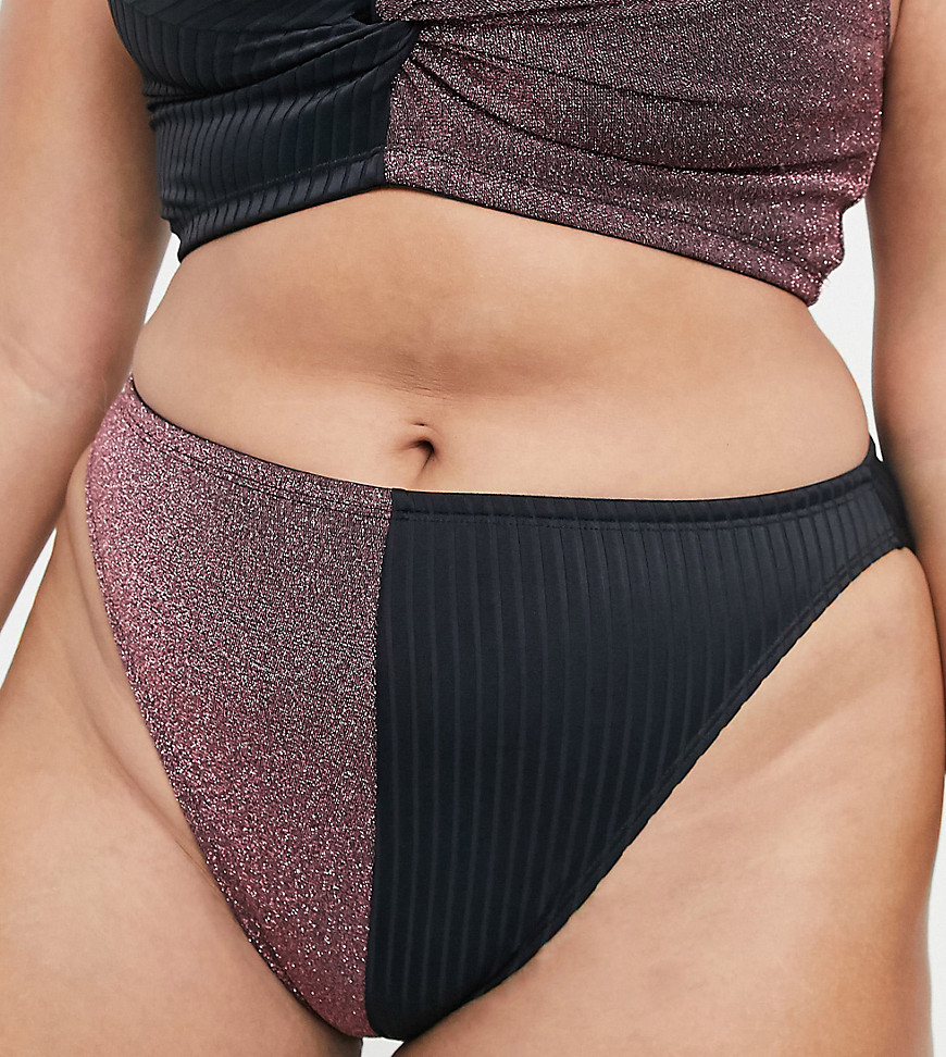ASOS DESIGN Curve – Ribbad bikiniunderdel i hipstermodell med hög benskärning och metallic-finish-Flerfärgad