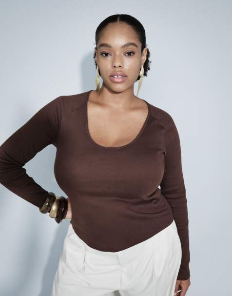 ASOS DESIGN Curve ribbad tröja med v-ringning och långa ärmar i chocolate - view 1