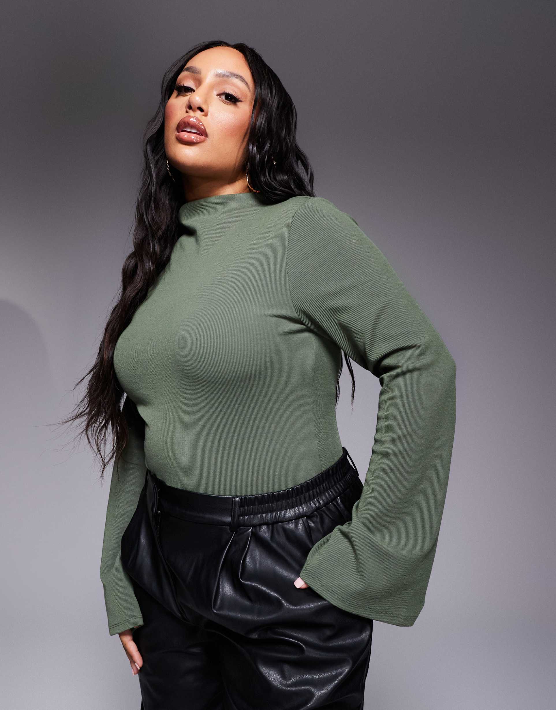 asos design curve ribbed bodysuit with flared sleeves in khaki