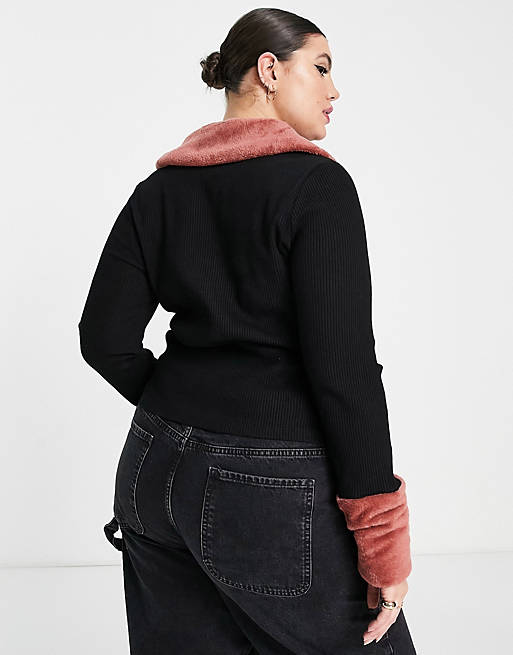 Jumpers & Cardigans Curve ribbed cardigan in black with contrast faux fur collar 