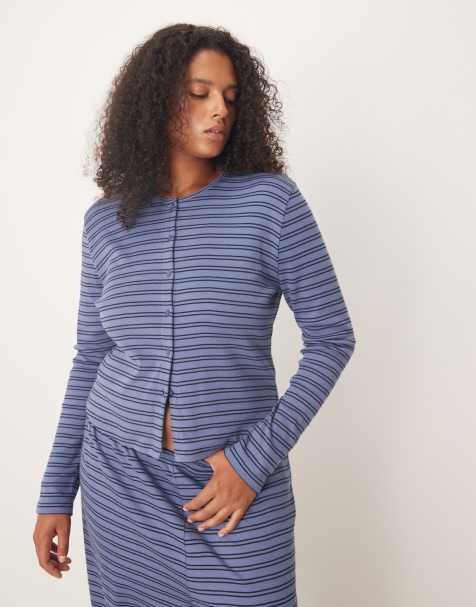 ASOS DESIGN Curve ribbed cardigan in navy stripes - view 1