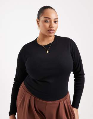Asos Curve Asos Design Curve Ribbed Crew Neck Long Sleeve Top In Black