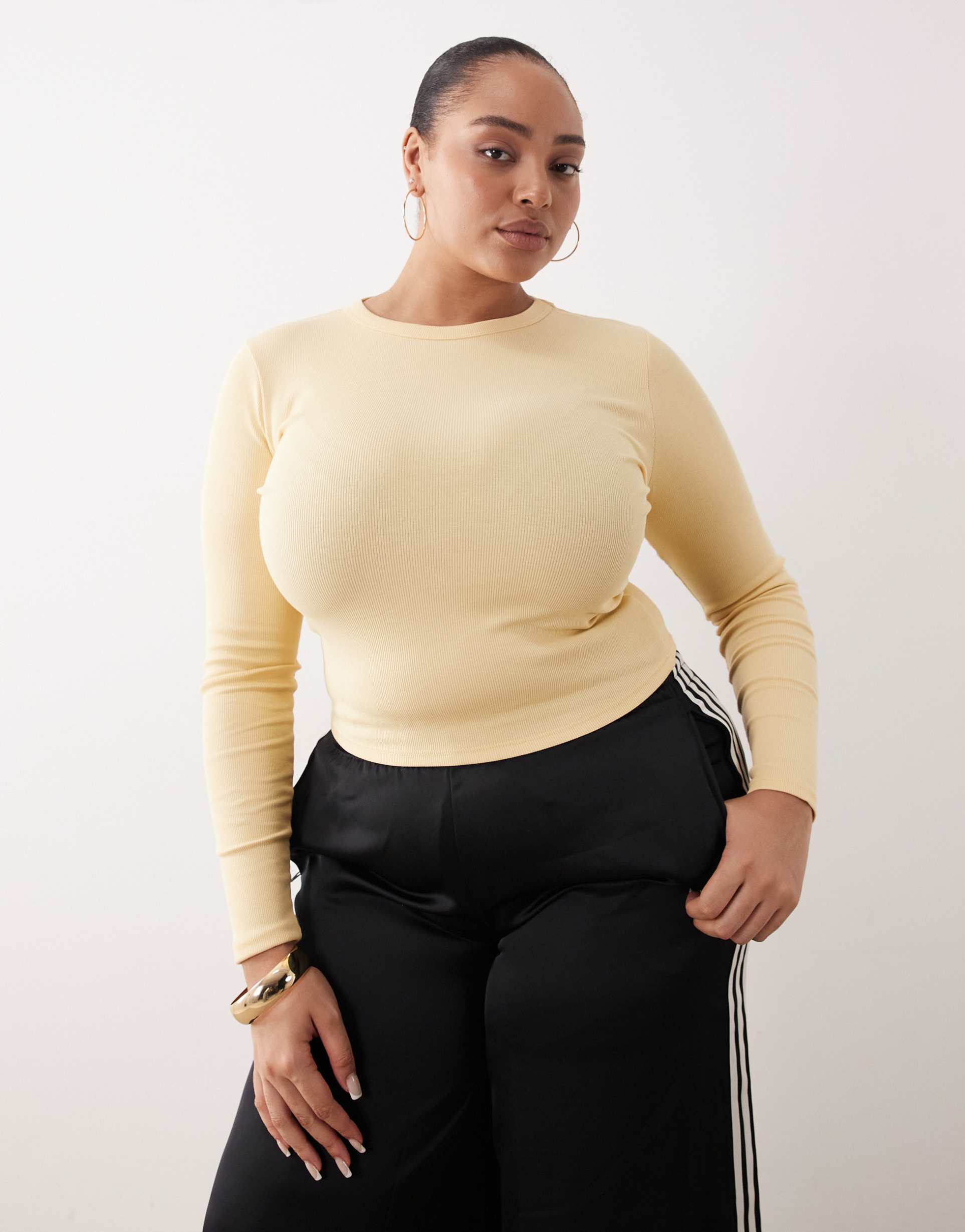 asos design curve ribbed crew neck long sleeve top in buttermilk