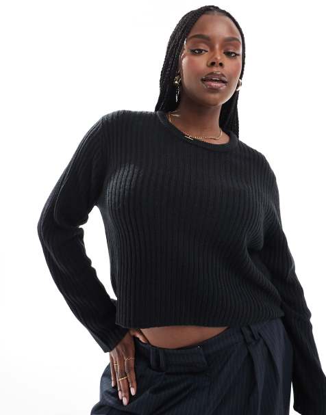 ASOS DESIGN Curve ribbed crew neck sweater in black - view 1
